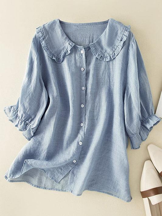 Women's Blouse Cotton Linen Loose Fit Ruffled Peter Pan Collar 0