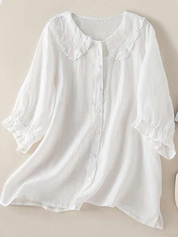 Women's Blouse Cotton Linen Loose Fit Ruffled Peter Pan Collar 1