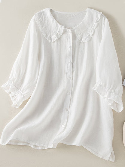 Women's Blouse Cotton Linen Loose Fit Ruffled Peter Pan Collar 1