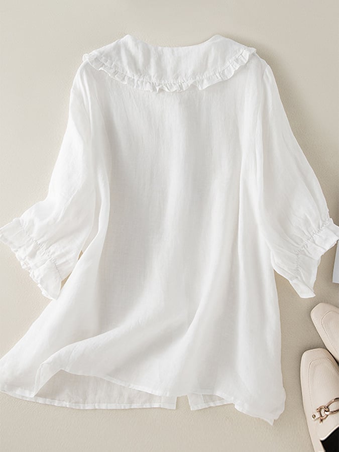 Women's Blouse Cotton Linen Loose Fit Ruffled Peter Pan Collar 2