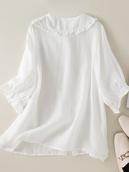 Women's Blouse Cotton Linen Loose Fit Ruffled Peter Pan Collar 2