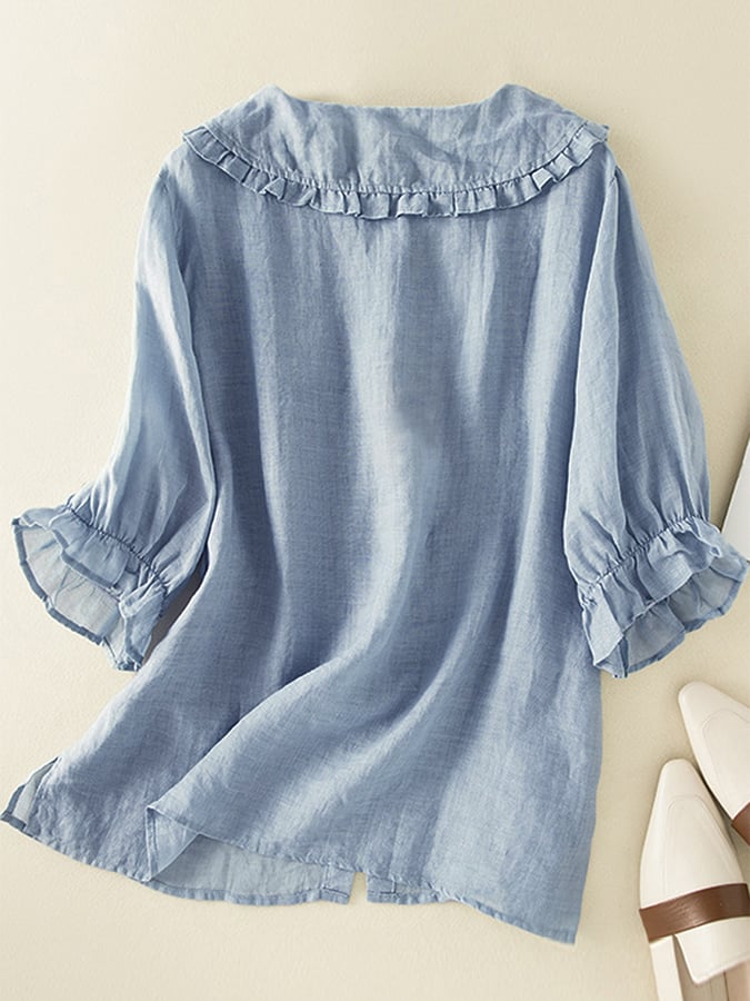Women's Blouse Cotton Linen Loose Fit Ruffled Peter Pan Collar 3