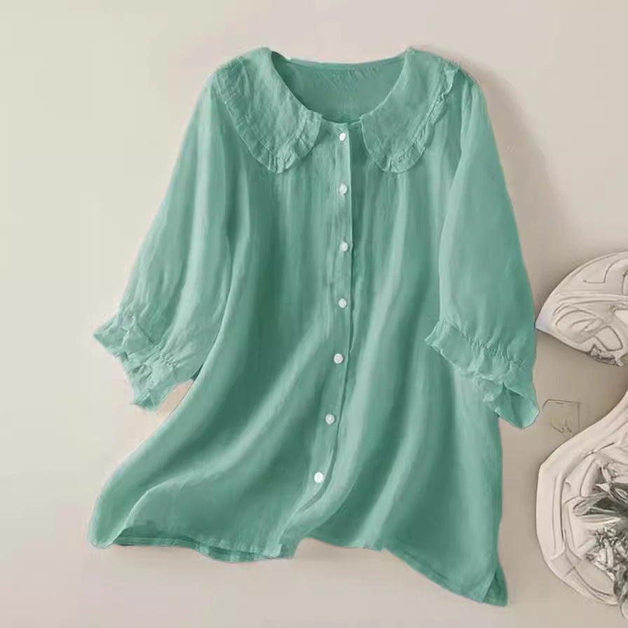 Women's Blouse Cotton Linen Loose Fit Ruffled Peter Pan Collar 4