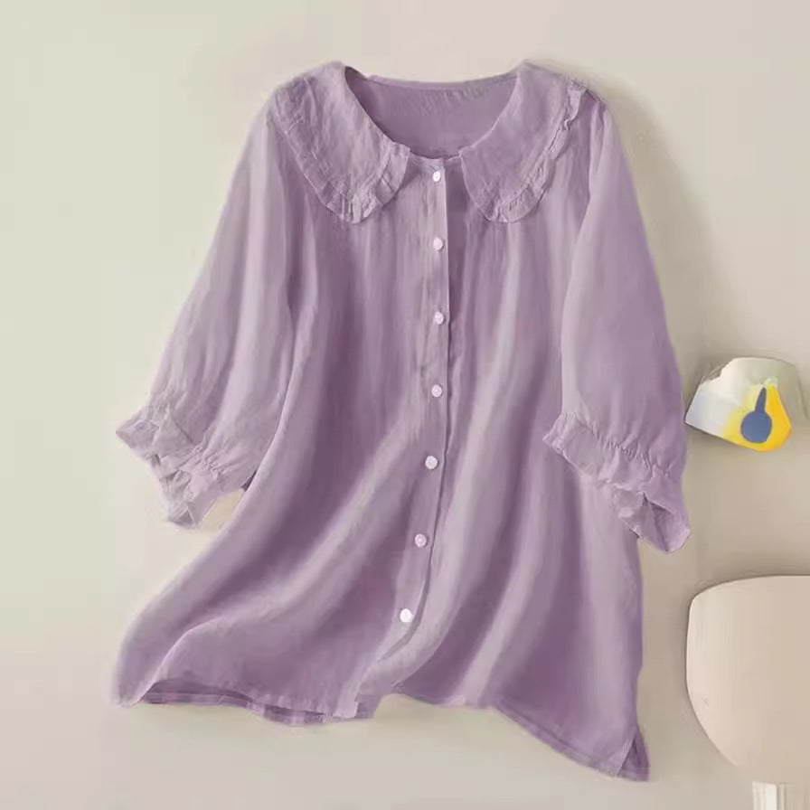 Women's Blouse Cotton Linen Loose Fit Ruffled Peter Pan Collar 5