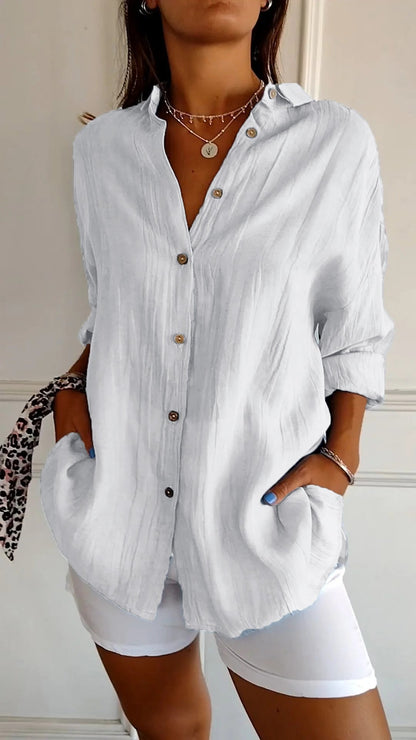 Women's Button Down Shirt White Blouse Classic Fit Summer Elegance 11