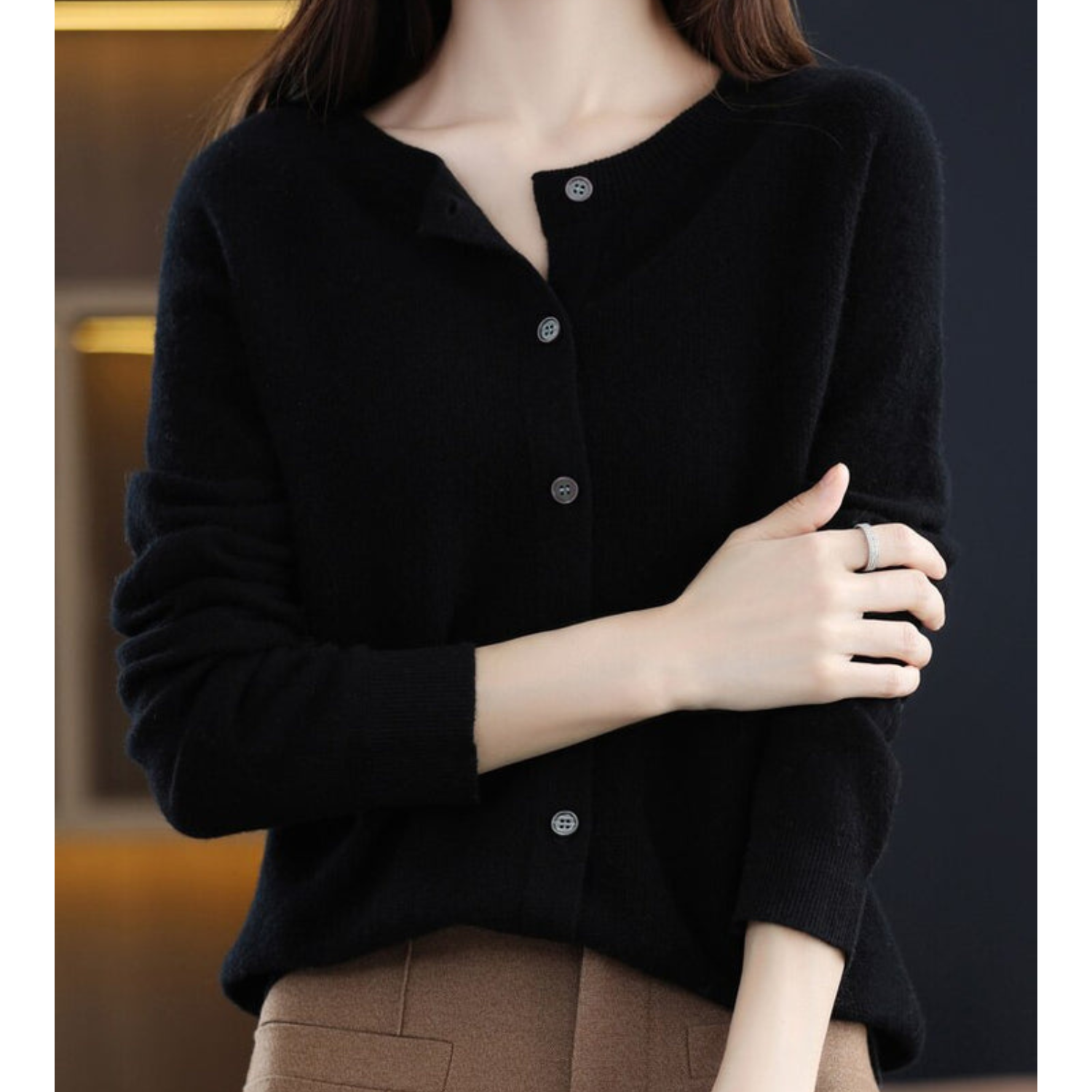 Women's Cardigan Pullover Round Neck Black Stylish Winter Essential 5