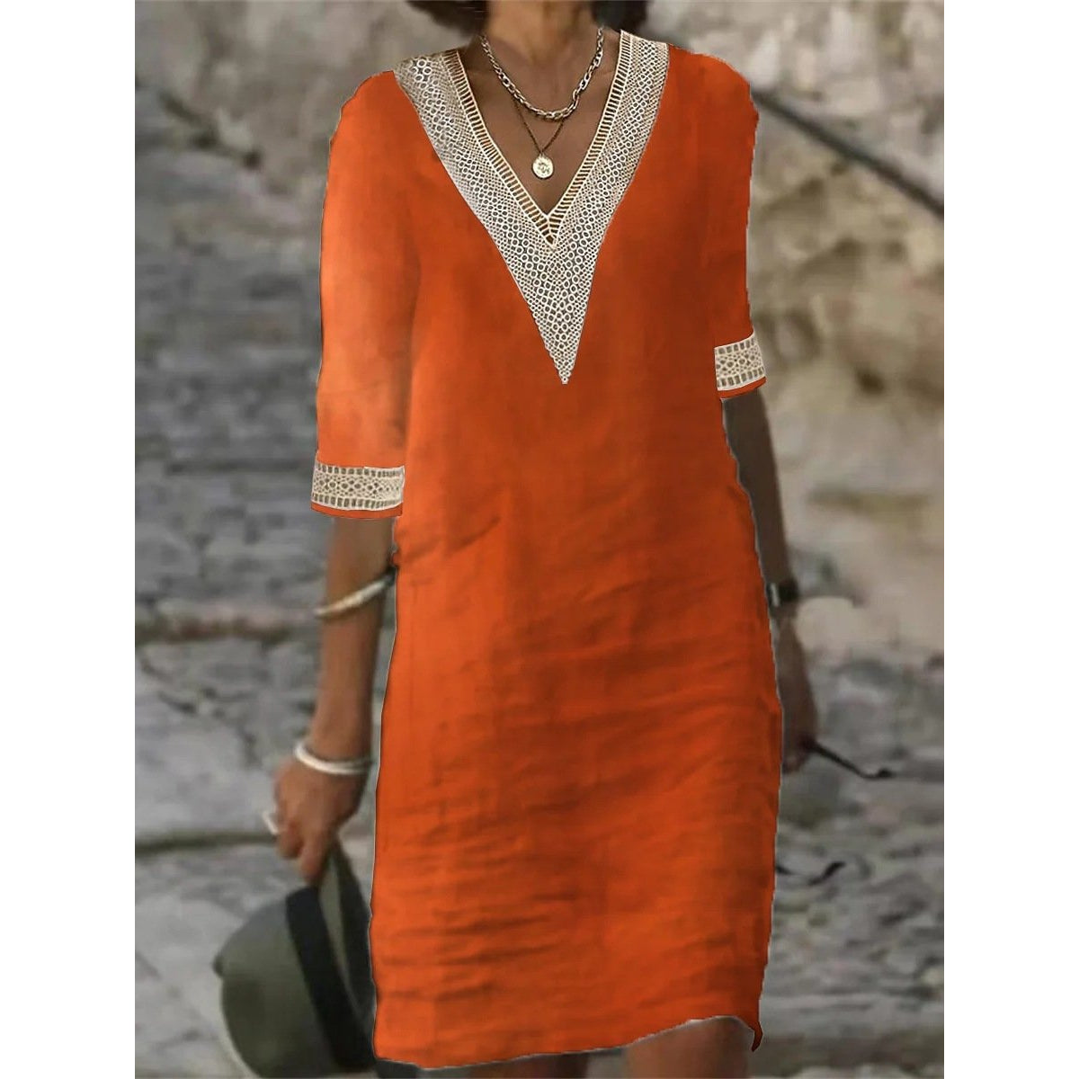 Women's Casual Dress V-Neck Lace Trim Relaxed Fit 3/4 Sleeve Summer Style 1
