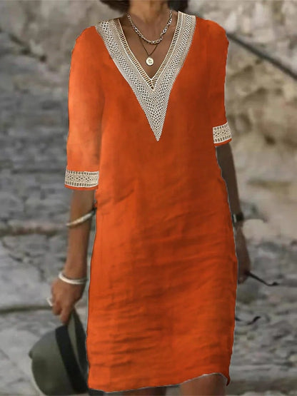 Women's Casual Dress V-Neck Lace Trim Relaxed Fit 3/4 Sleeve Summer Style 1