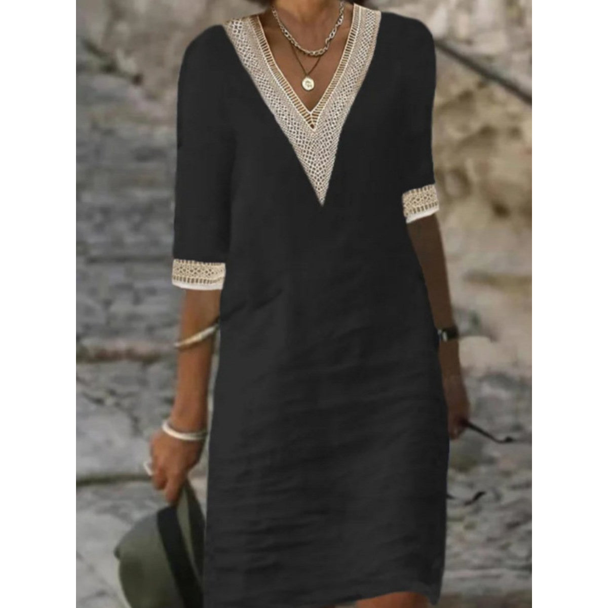 Women's Casual Dress V-Neck Lace Trim Relaxed Fit 3/4 Sleeve Summer Style 3