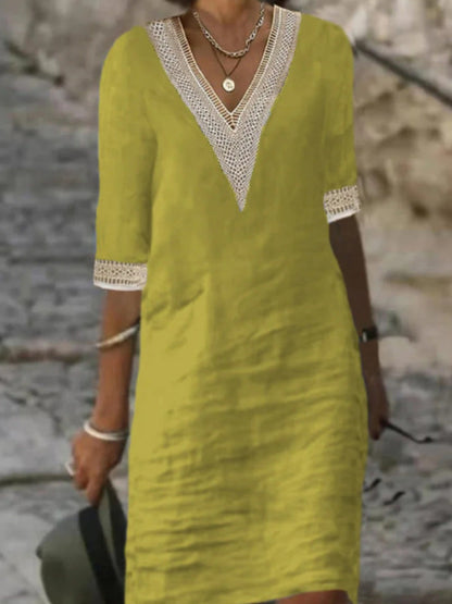 Women's Casual Dress V-Neck Lace Trim Relaxed Fit 3/4 Sleeve Summer Style 5