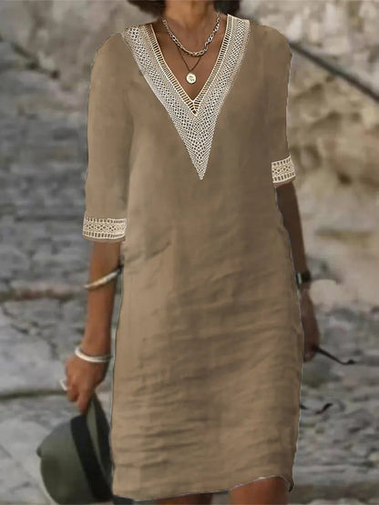 Women's Casual Dress V-Neck Lace Trim Relaxed Fit 3/4 Sleeve Summer Style 6