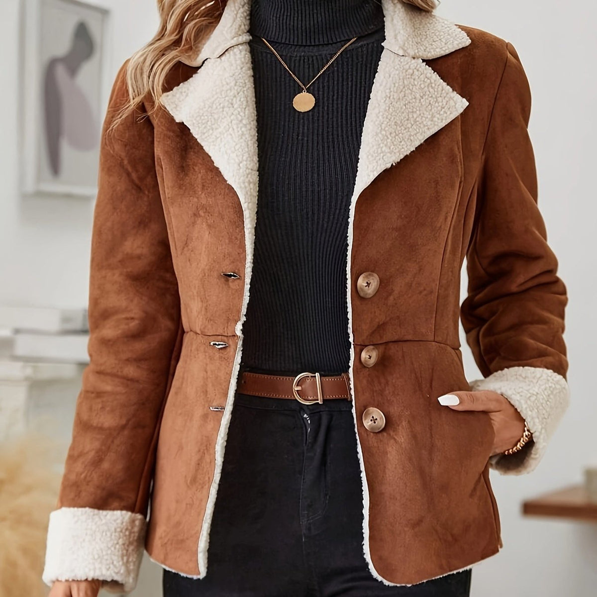 Women's Faux Fur Jacket Button Front Thermal Outerwear Casual 2