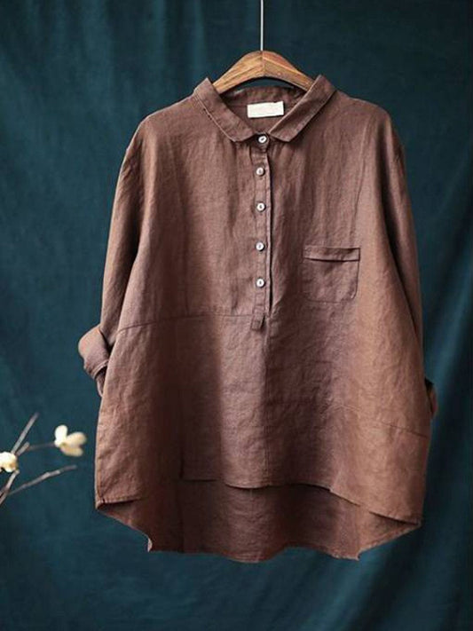 Women's Lapel Neck Cotton Casual Long Sleeve Shirt Stylish Solid Color Blouse 0
