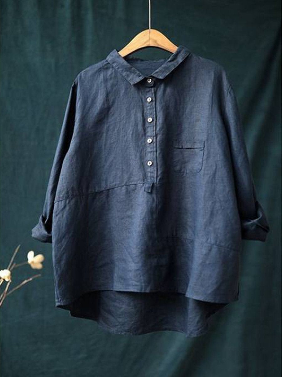 Women's Lapel Neck Cotton Casual Long Sleeve Shirt Stylish Solid Color Blouse 1