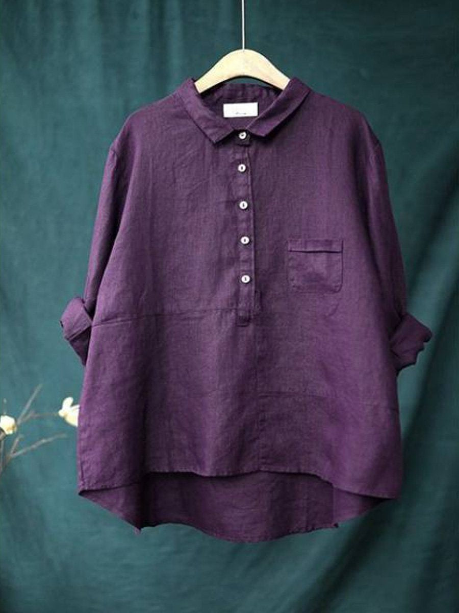 Women's Lapel Neck Cotton Casual Long Sleeve Shirt Stylish Solid Color Blouse 3