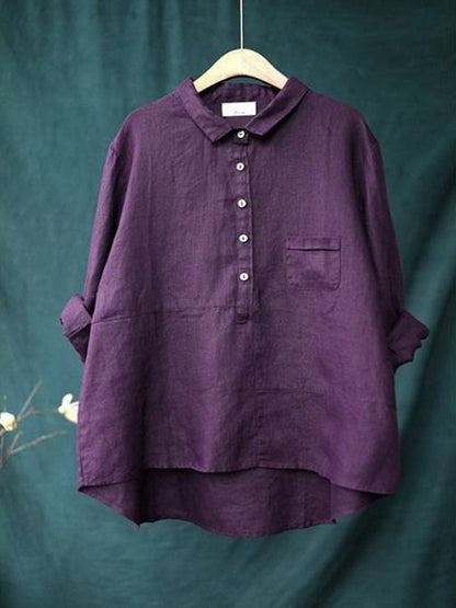 Women's Lapel Neck Cotton Casual Long Sleeve Shirt Stylish Solid Color Blouse 3