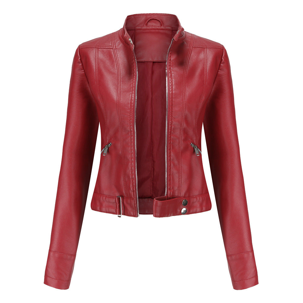 Women's Leather Jacket High Collar Zip Closure Stylish Belted Design 4