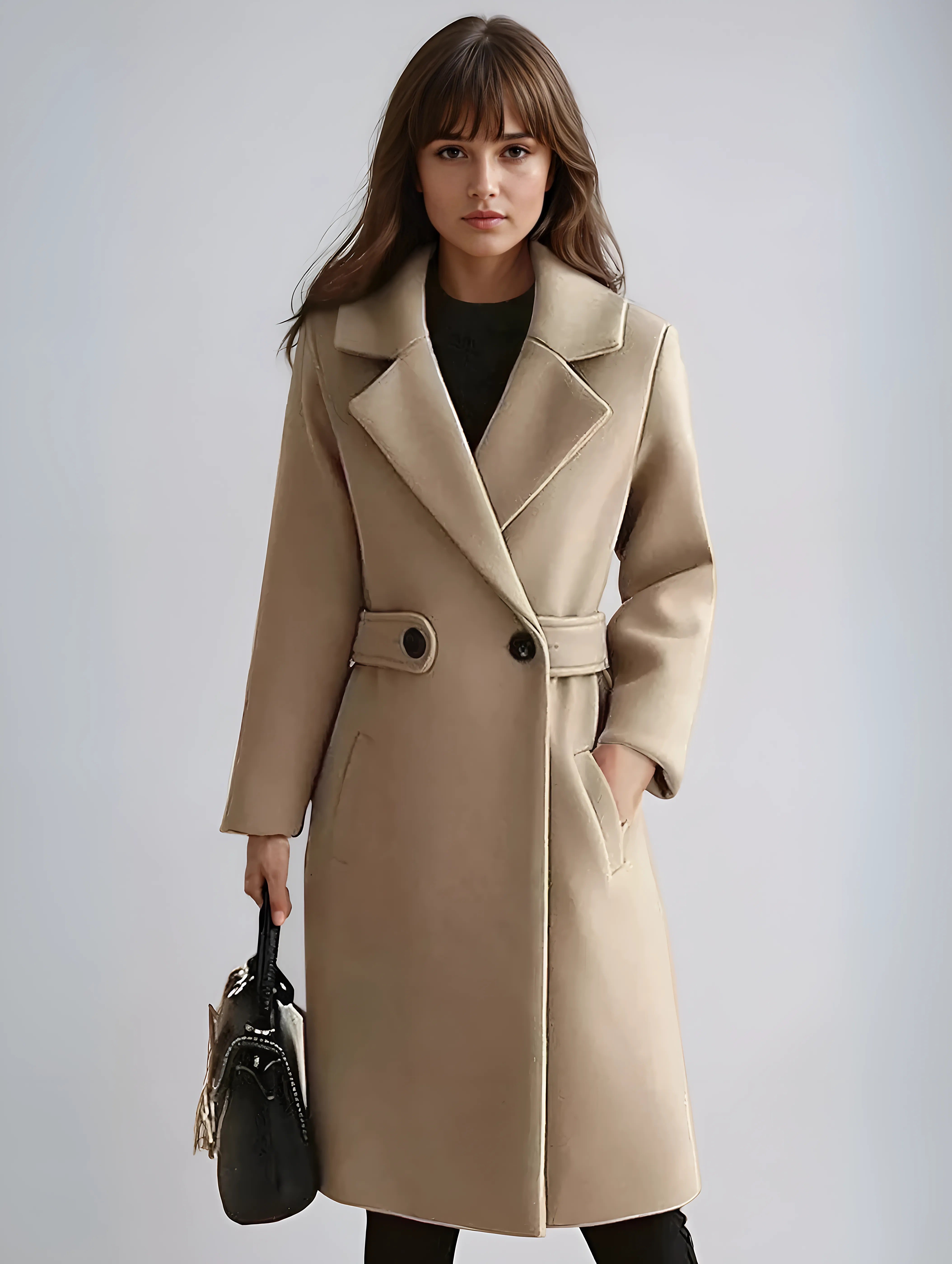 Women's Long Sleeve Belted Trench Coat Elegant Winter Outerwear 0