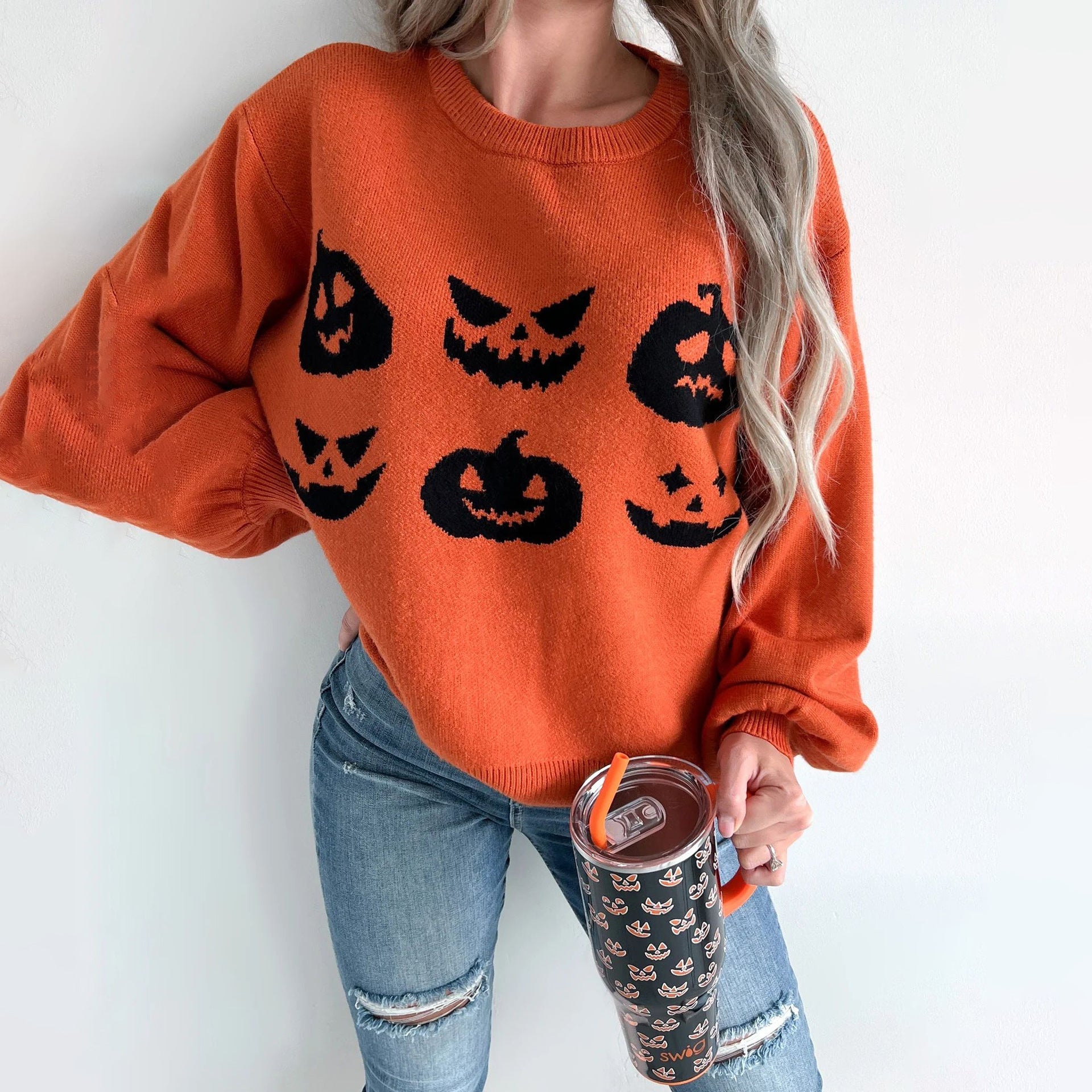 Women's Oversized Pullover Happy Halloween Motif Casual Sweater 3