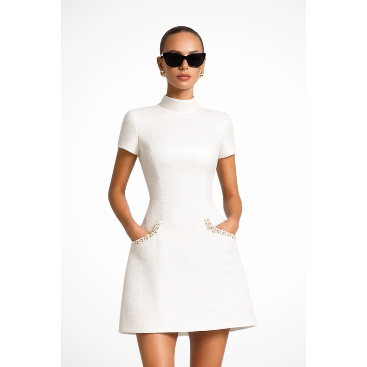 Women's Pearl Trim Mini Dress with Pocket Detail Chic Summer Formal 1