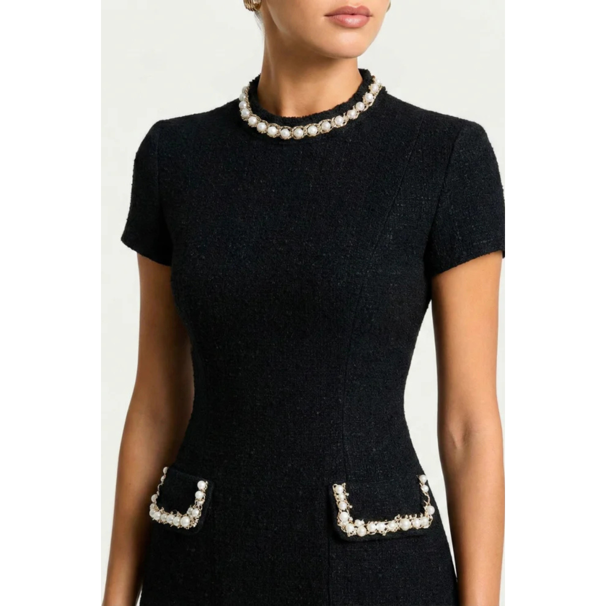Women's Pearl Trim Mini Dress with Pocket Detail Chic Summer Formal 2