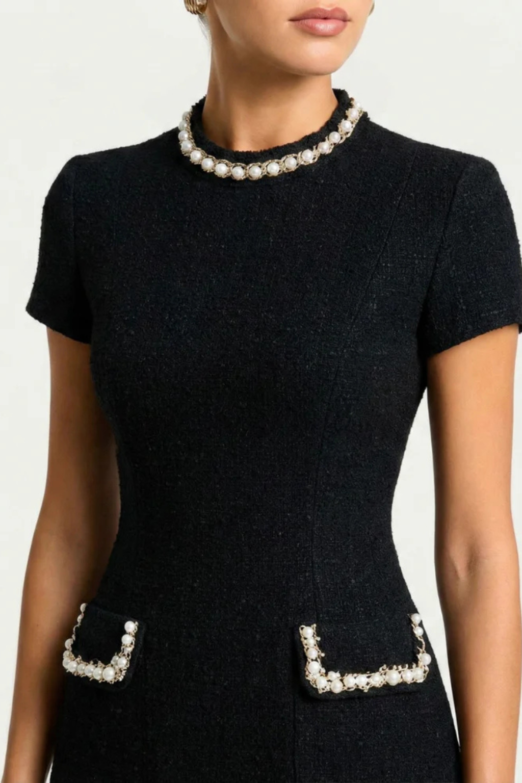 Women's Pearl Trim Mini Dress with Pocket Detail Chic Summer Formal 2