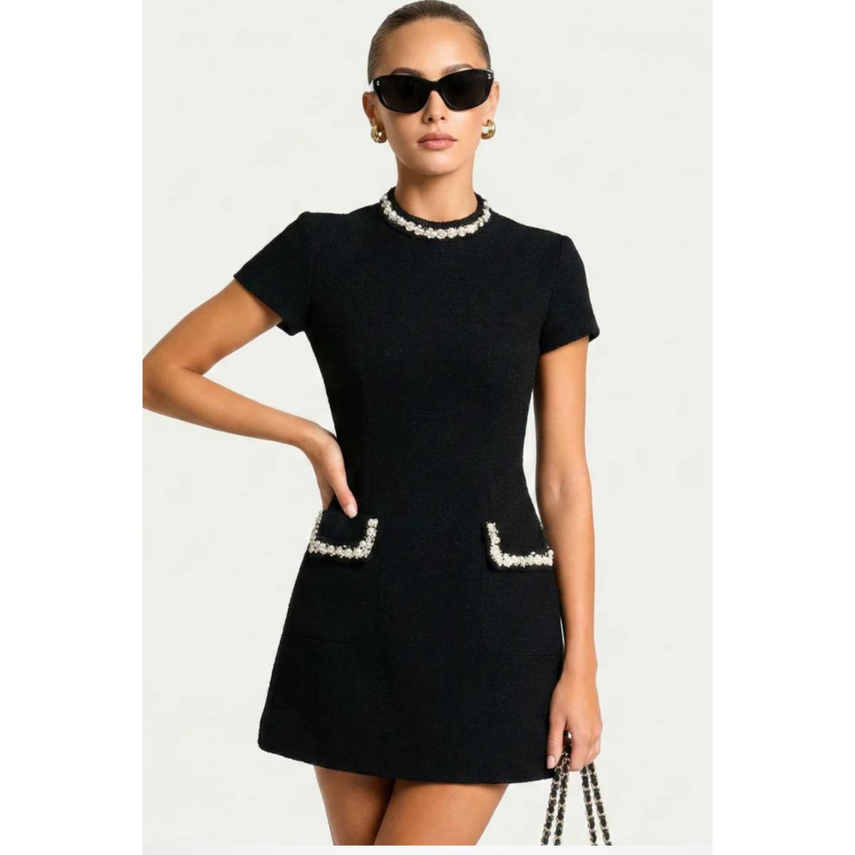 Women's Pearl Trim Mini Dress with Pocket Detail Chic Summer Formal 3