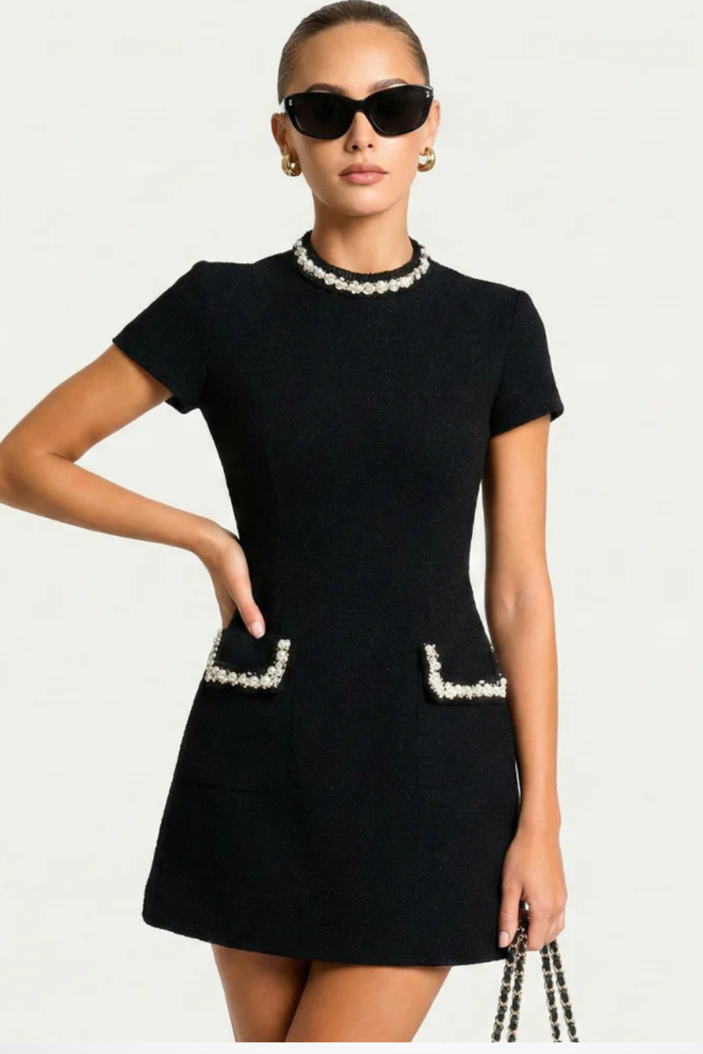 Women's Pearl Trim Mini Dress with Pocket Detail Chic Summer Formal 3