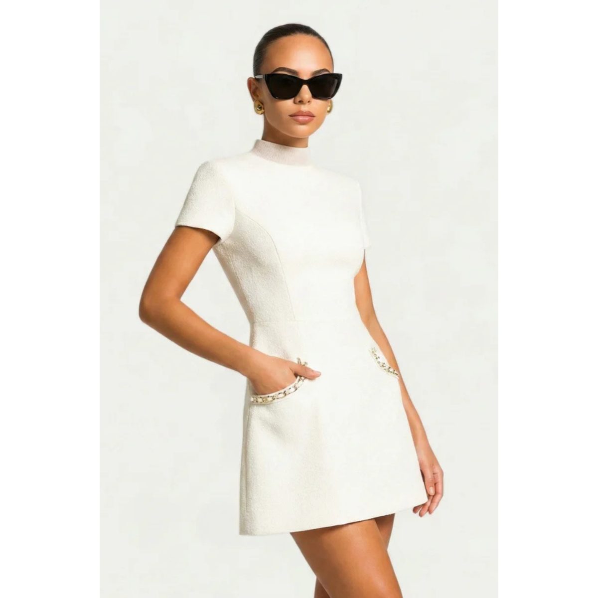Women's Pearl Trim Mini Dress with Pocket Detail Chic Summer Formal 4