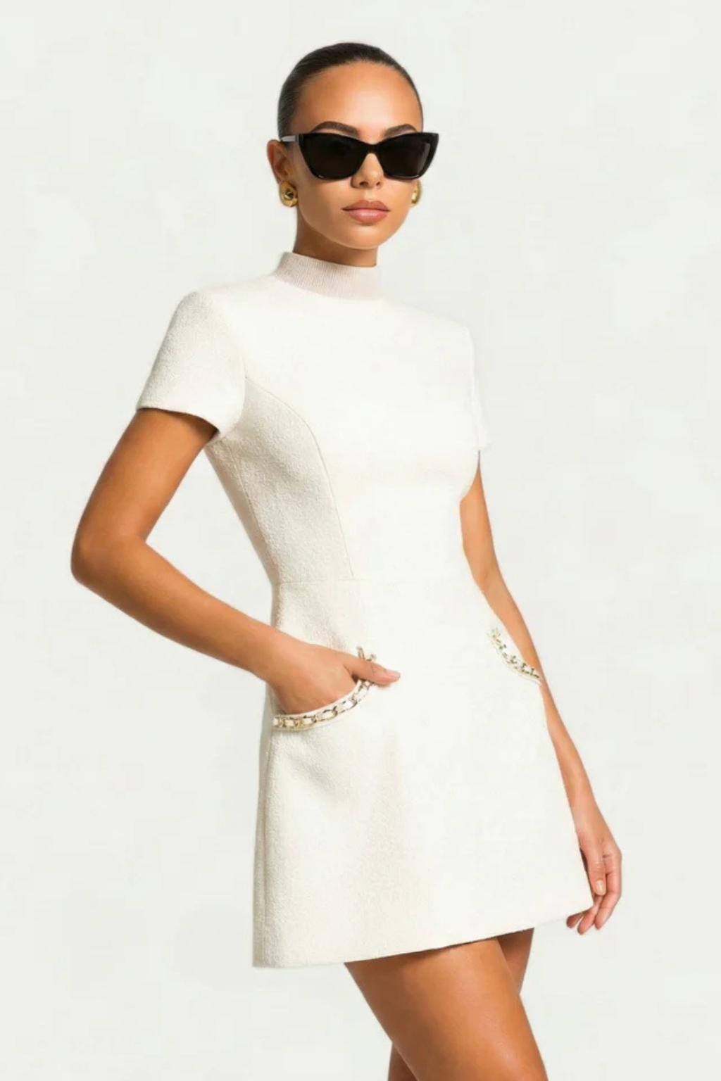 Women's Pearl Trim Mini Dress with Pocket Detail Chic Summer Formal 4
