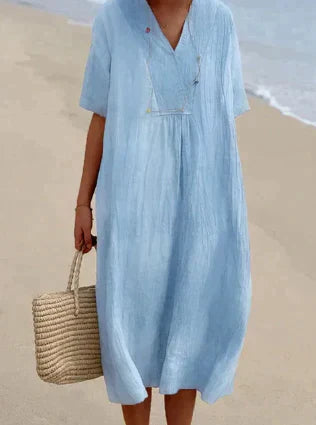 Women's Relaxed Fit V-Neck Dress Summer Lightweight Short Sleeve 0