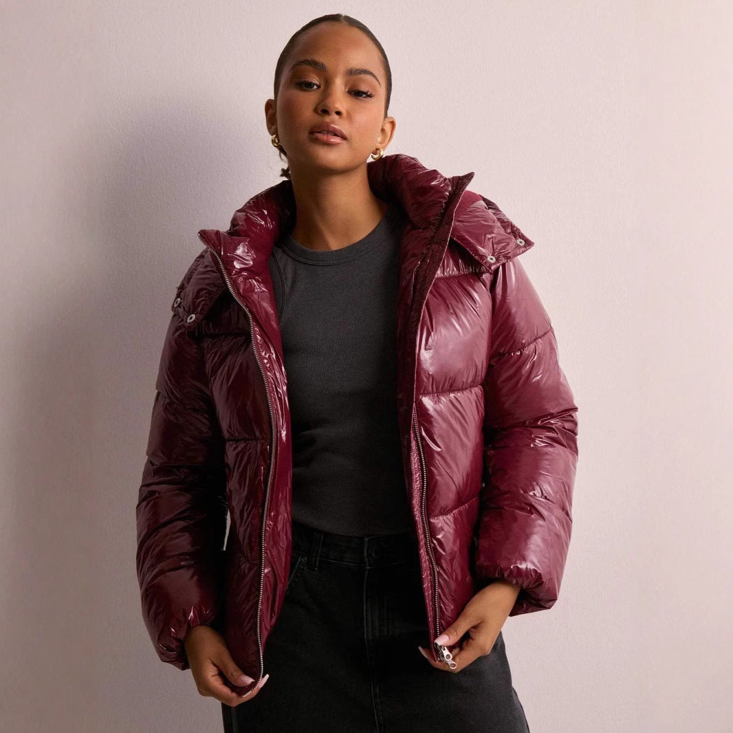 Women's Shiny Quilted Puffer Jacket with Removable Hood Stylish Comfort 3