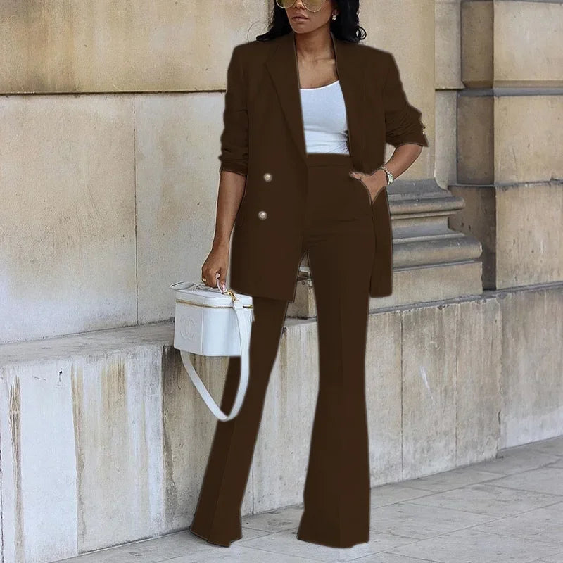 Women's Suit Tailored Long Blazer and High-Waist Trousers Pant Suit Set 2
