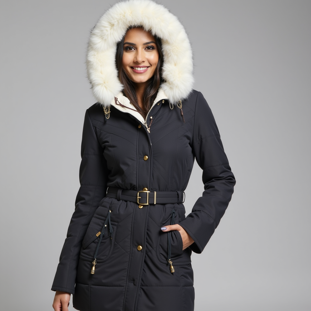 Women's Winter Parka Faux Fur Hood Belted Design Casual Coat 1