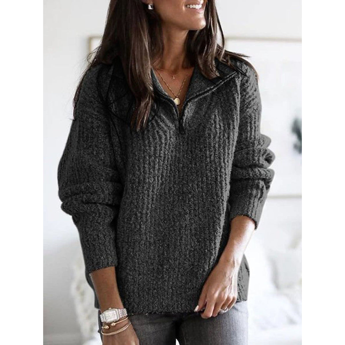 Zip-Up Ribbed Sweater Women Cozy Layering Stylish Fit 4